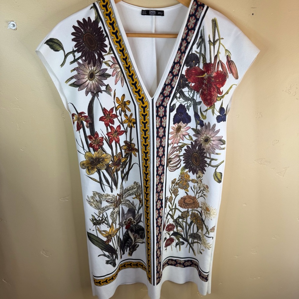 Zara White Floral Mini Dress with Multicolor Botanical Print
